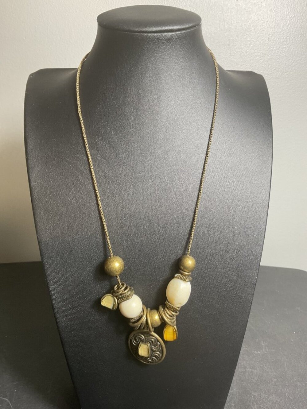 Vintage Boho Brass Chunky Beaded Statement Necklace Cream Lucite Amber Medallion